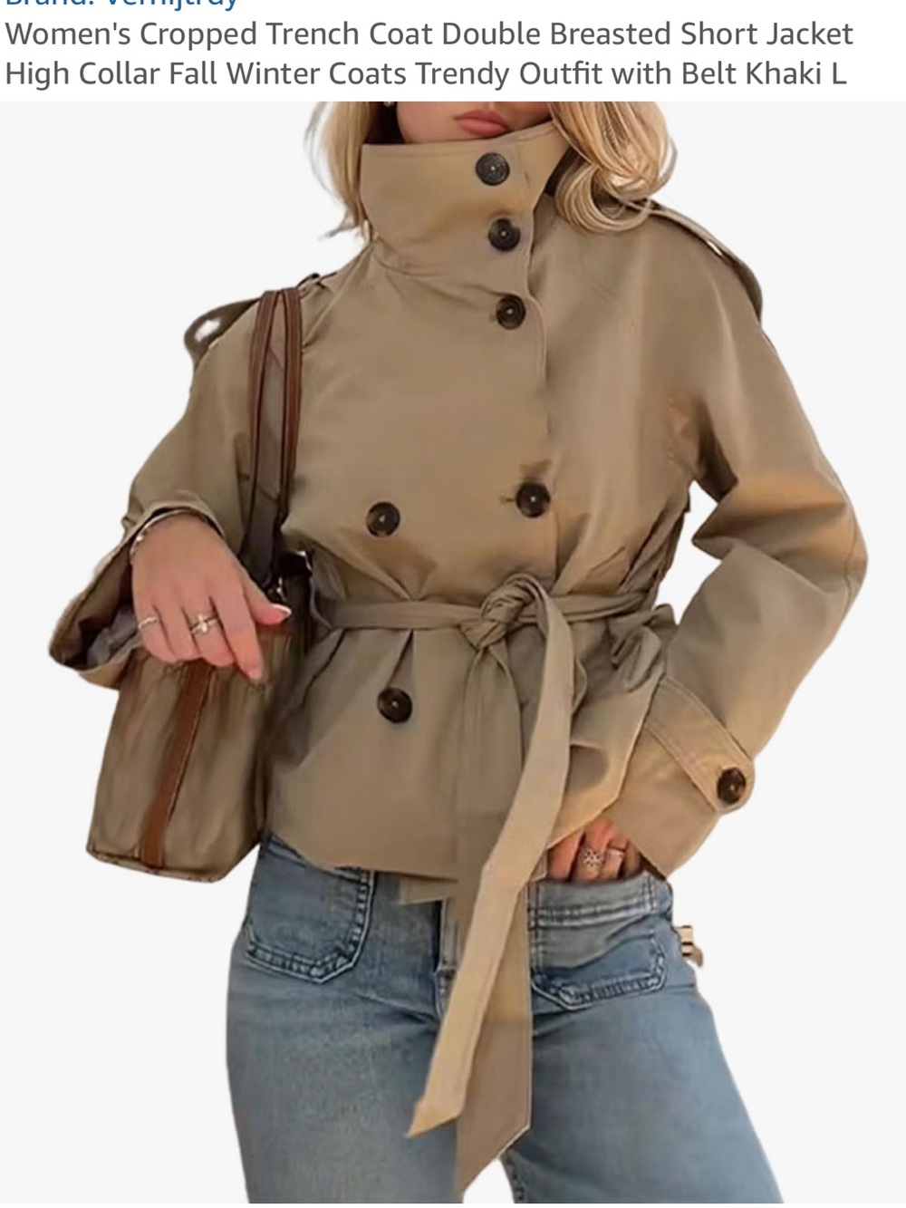 Funnel Neck Cropped Double-Breasted Trench Jacket - Khaki Brown Large NWT